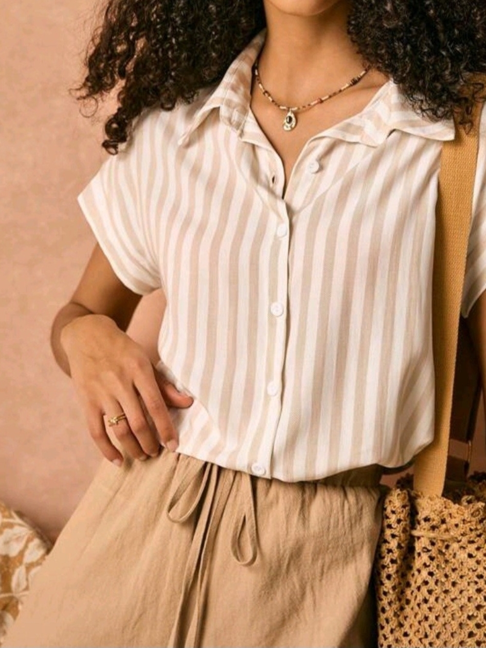 Tan And Beige Striped Button Up Shirt